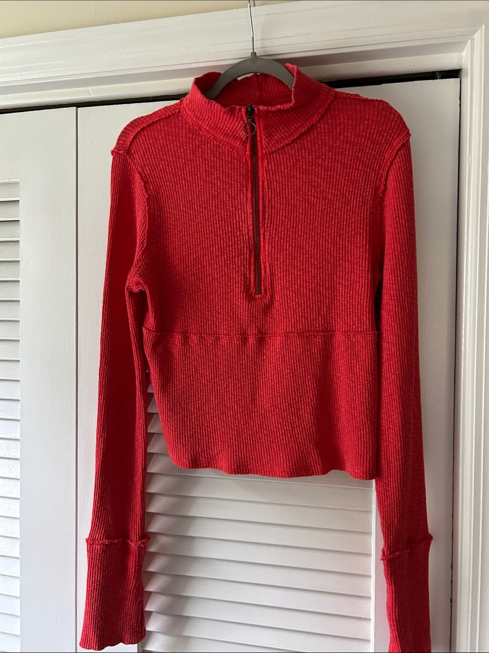 We The Free Ribbed Half-Zip Mock Neck Top in Red